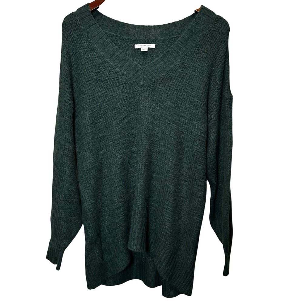 American Eagle Oversized V‎ Neck Chenille Sweater Green XS Cozy Granola Casual